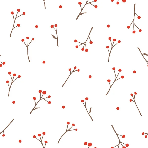 Nahtlose saisonale Muster mit Vogelbeerzweigen mit roten Beeren isoliert auf weißem Hintergrund, Vintage-Retro-Stil. Vector EPS10 Design für Textilien, Tapeten, Packpapier, Verpackungen, Einbände. — Stockvektor