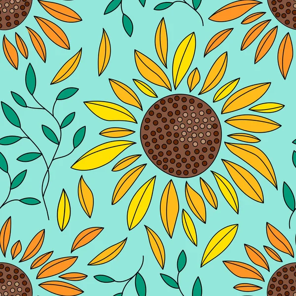 Nahtlos abstraktes Blumenmuster mit gelb-orangen Sonnenblumen und Blättern auf blauem Hintergrund. Vintage-Retro-Stil. Vektor-Design für Textilien, Tapeten, Packpapier, Verpackungen, Einbände — Stockvektor