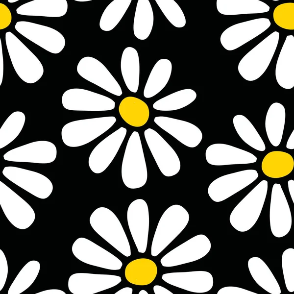 Dekoratives, nahtloses Blumenmuster mit handgezeichneten weißen gelben Gänseblümchen auf schwarzem Hintergrund. Flaches Design im Retro-Stil für Textilien, Tapeten, Packpapier, Verpackungen, Einbände. Vektor EPS10 — Stockvektor
