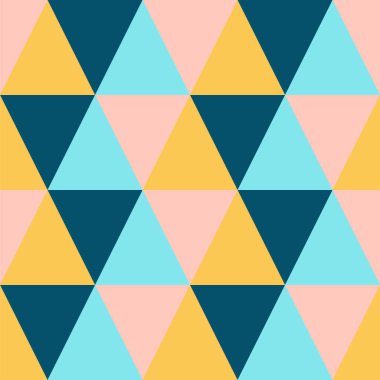 Soyut geometrik mozaik üçgen, dikişsiz desen. Turuncu, pembe, mavi ve yeşil renkli arka plan illüstrasyonları.