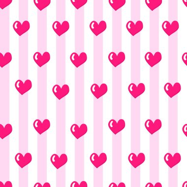Pembe ve beyaz çizgili pembe kalplerle dekoratif, hoş, modaya uygun desenler. Kumaş tekstil, ambalaj kağıdı, duvar kağıdı, düğün ve sevgililer günü kartları için vektör tasarımı