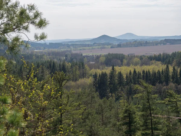 Tavaszi táj a Lusatian-hegység kilátás homokkő sziklák, zöld dombok, friss lombhullató és lucfenyő erdő. Kék ég háttér, vízszintes, másolás tér — Stock Fotó