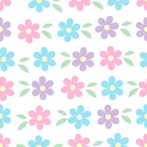 Vektor nahtlose Muster aus blau rosa und violett einfachen Blüten mit grünen Blättern isoliert auf weiß. Frühling romantische florale Textur. Für Ostern, Mütter, Frauen, Hochzeitstagskarte, Textur und Stoff — Stockvektor