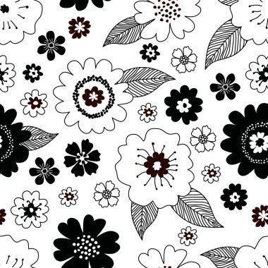 Siyah-beyaz el çizilmiş, pürüzsüz, sevimli çiçek deseni beyaz arka planda siyah yapraklı, klasik bahar çiçekleri. Kumaş, ambalaj kağıdı ve kapak için klasik retro stil vektör tasarımı