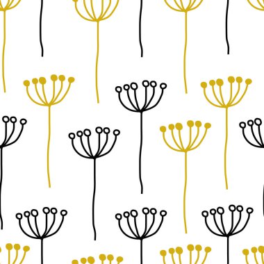 Kusursuz dekoratif soyut çiçek deseni, basit siyah bitki, beyaz arka planda sarı altın. Eski usul. Kumaş tekstil, duvar kağıdı, ambalaj kağıdı, paket, kapak için vektör tasarımı.