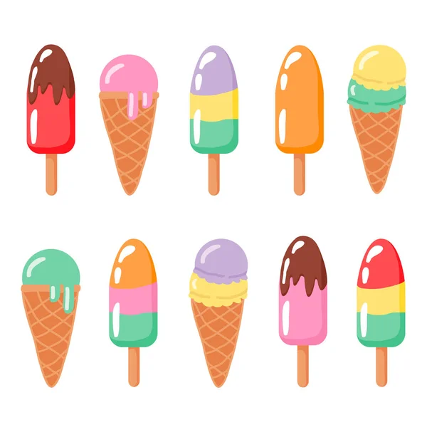 Set di coni gelato disegnati a mano e ghiaccioli, gustosa collezione colorata di simpatici e semplici gelati isolati su sfondo bianco. Illustrazione vettoriale per web design, stampa, adesivi o biglietti d'auguri — Vettoriale Stock