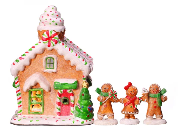 Gingerbread house and people isolated on white — Stock Photo, Image