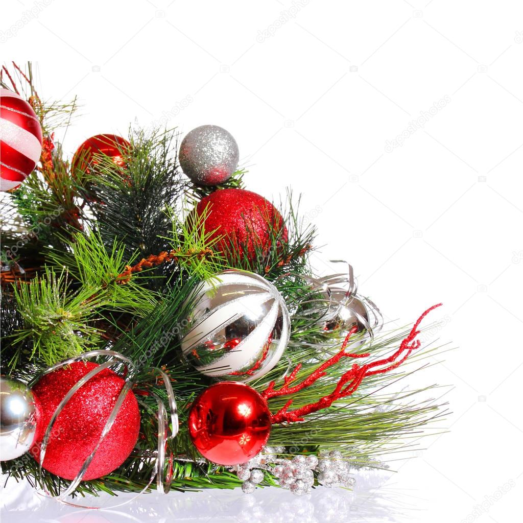 Christmas Decoration. Red Balls on Christmas tree branch