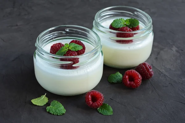 Köstliche cremige Mousse mit frischen Himbeeren — Stockfoto