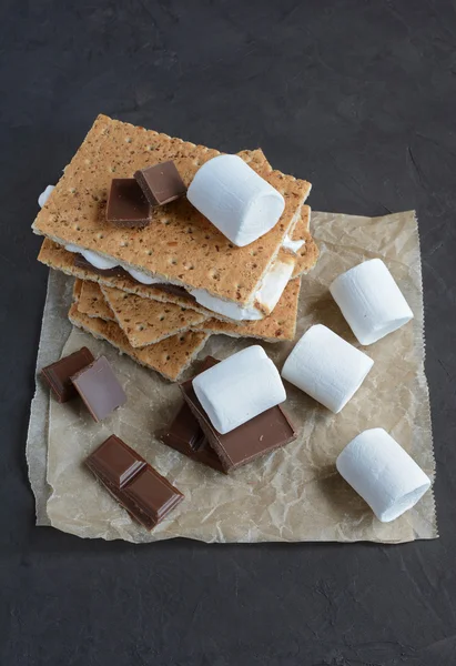 Fresh homemade smores with marshmallows, chocolate and graham crackers — Stock Photo, Image