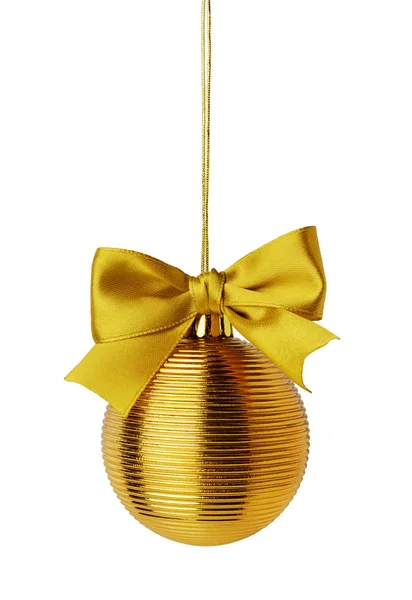 Golden Christmas ball with ribbon bow — Stock Photo, Image