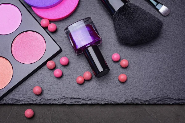 Makeup products or accessories. Blush, nail polish, sponges and brushes — Stock Photo, Image