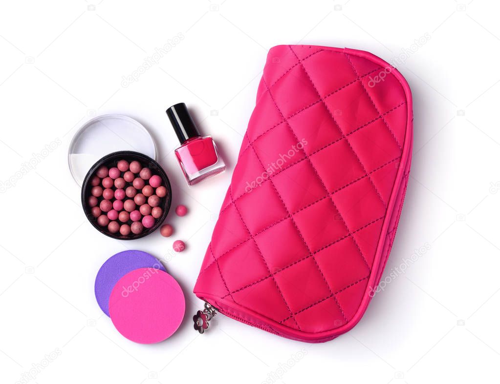 Composition of cosmetics with nail polish, ball blush, sponges and cosmetic bag
