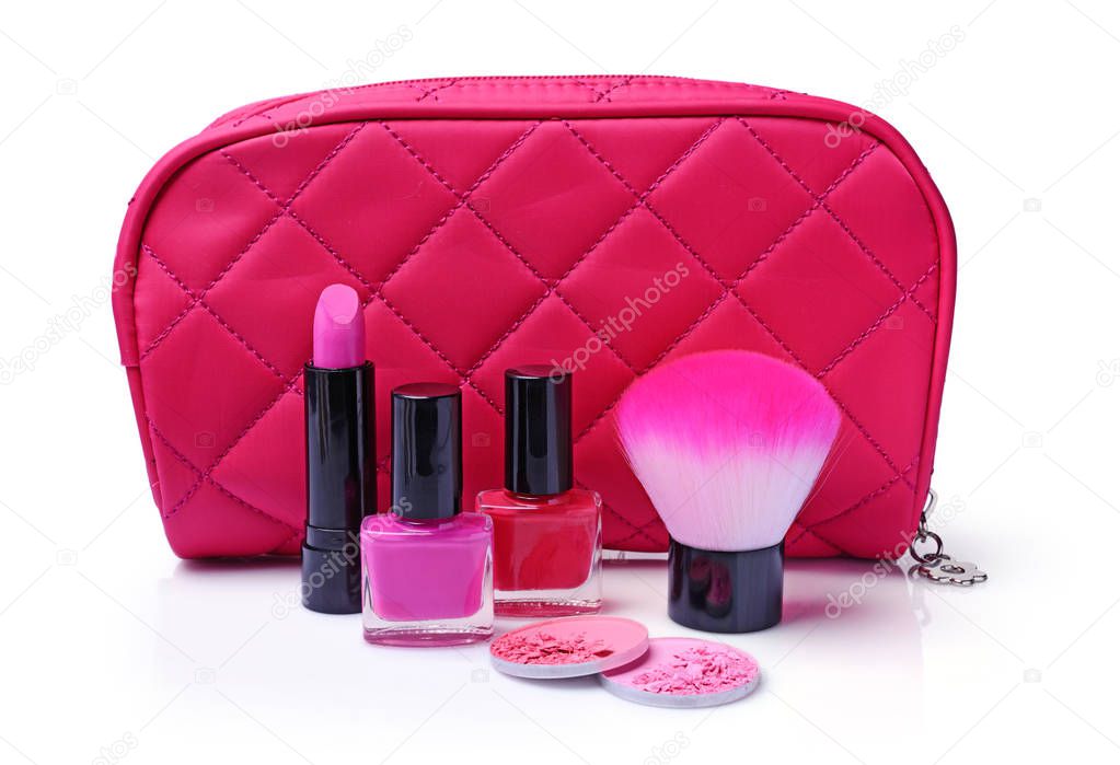 Composition of cosmetics with nail polishes, blush, lipstick, brush and cosmetic bag