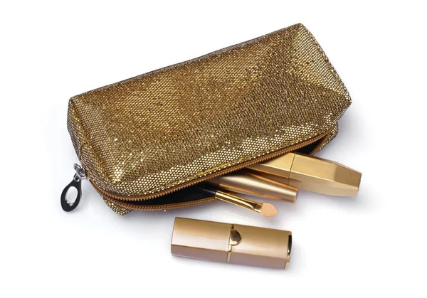化粧品袋と金色ケースに化粧品の成分 — ストック写真