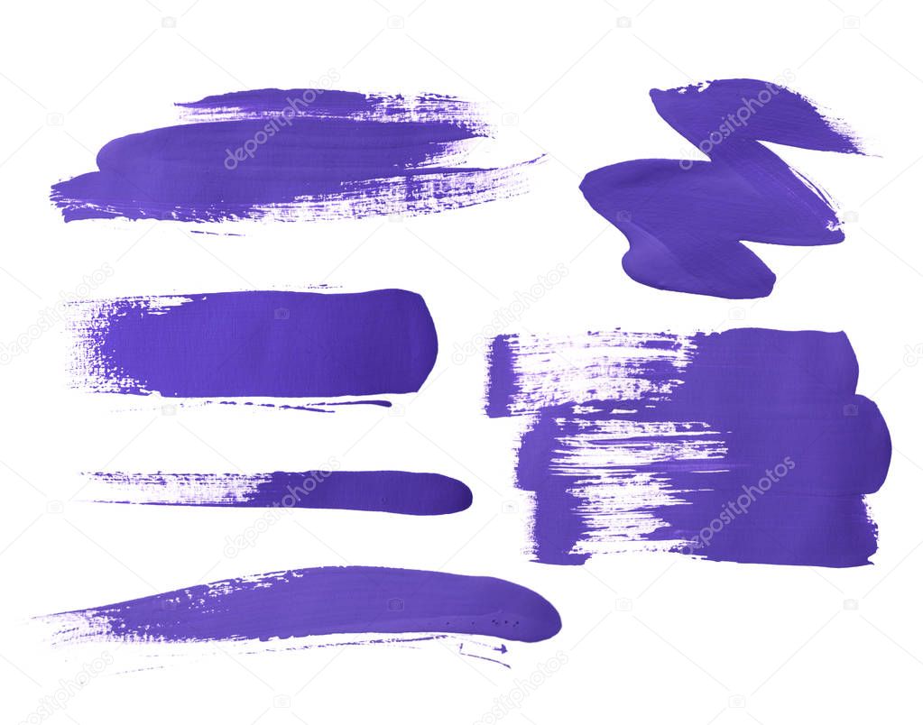 Set of purple brush strokes of acrilic paint as sample of art product