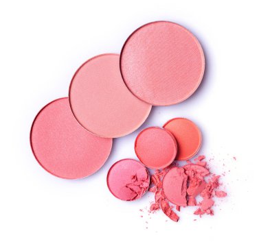Yuvarlak pembe çöktü allık ve göz farı makyaj kozmetik ürünü örnek olarak