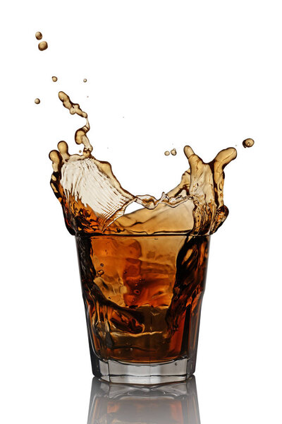 Splash in glass of scotch whiskey with ice