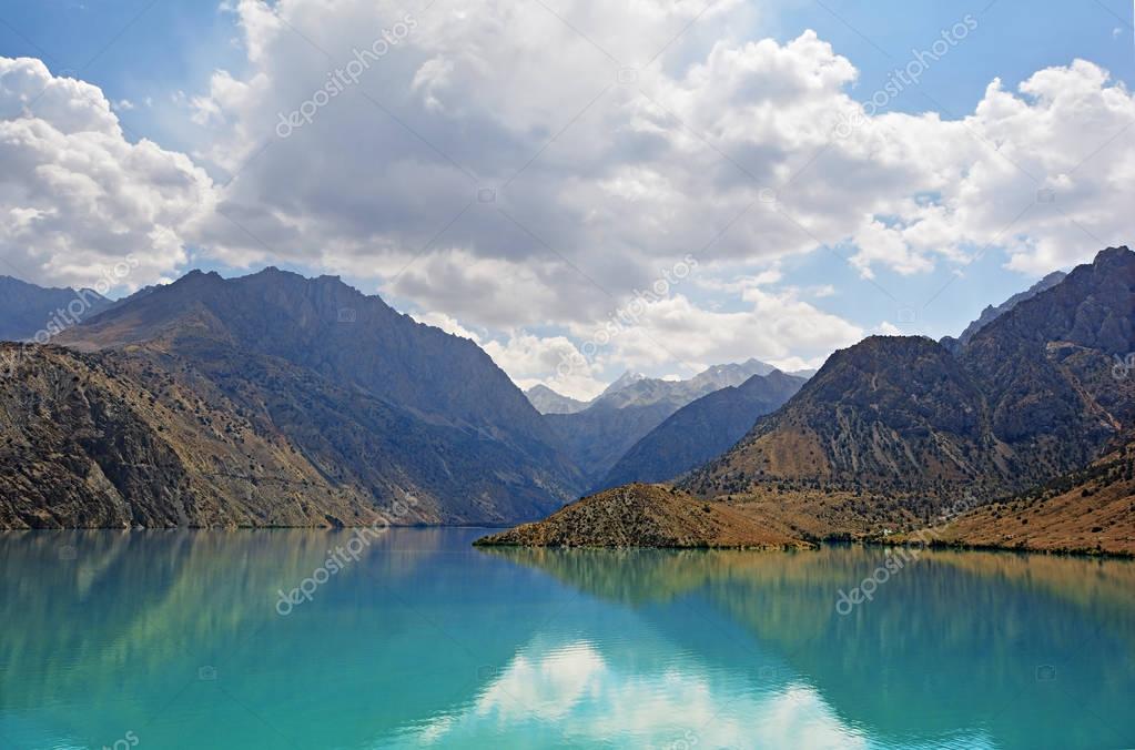 Landscape of beautiful Fan mountains and Iskanderkul lake in Tajikistan