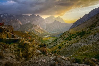 Sunset landscape of beautiful rocky Fan mountains in Tajikistan clipart