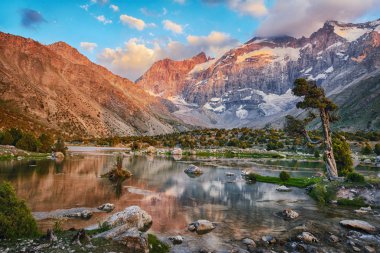 Landscape of beautiful Fan mountains and Kulikalon lake in Tajikistan clipart