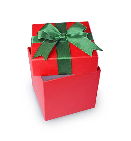 Classic red gift box with green satin bow — Stock Photo, Image