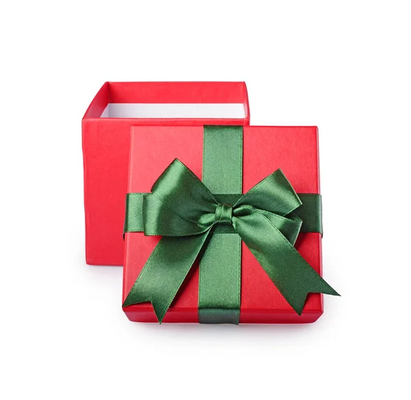 Classic open red gift box with green satin bow — Stock Photo, Image