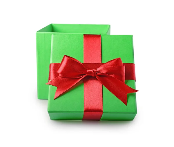 Classic green open gift box with red satin bow — Stock Photo, Image