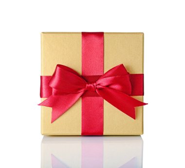 Kırmızı saten yay ile altın klasik parlak hediye kutusu