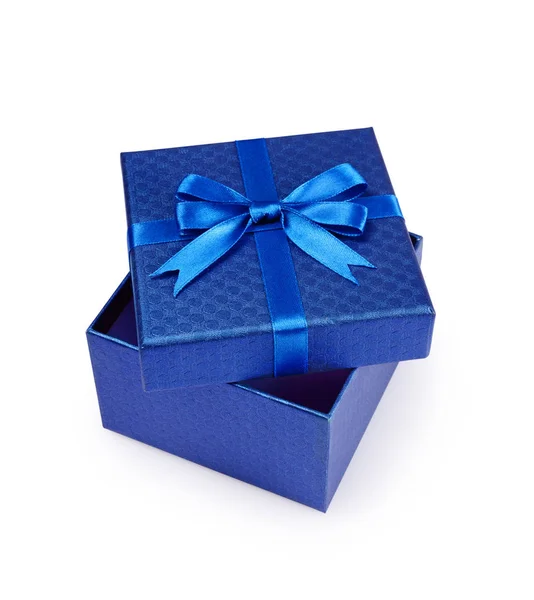 Abrir Caixa Presente Quadrado Azul Vazio Com Arco Cetim Brilhante — Fotografia de Stock