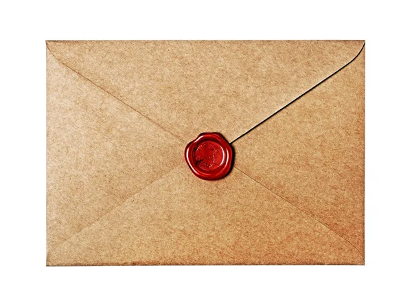 Vintage craft envelope with red wax seal stamp for correspondence — Stock Photo, Image