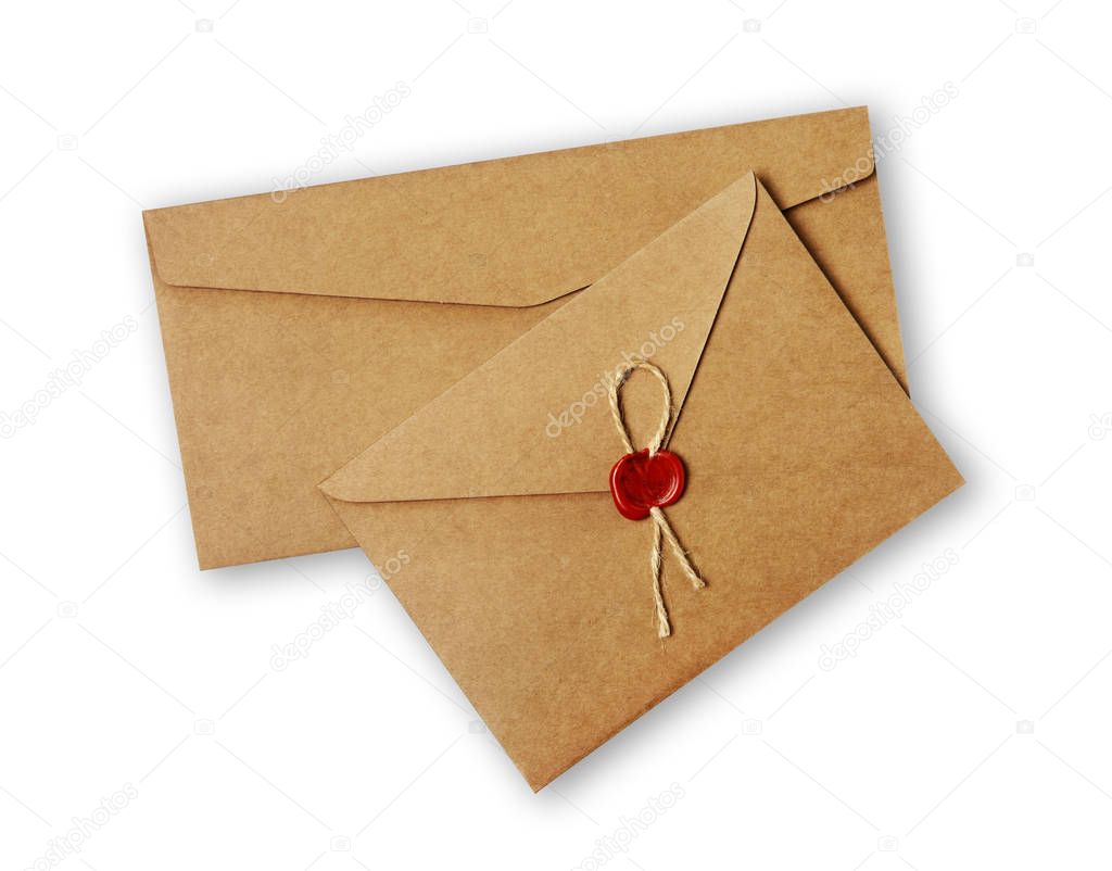 Two different vintage craft envelope with red wax seal stamp for correspondence