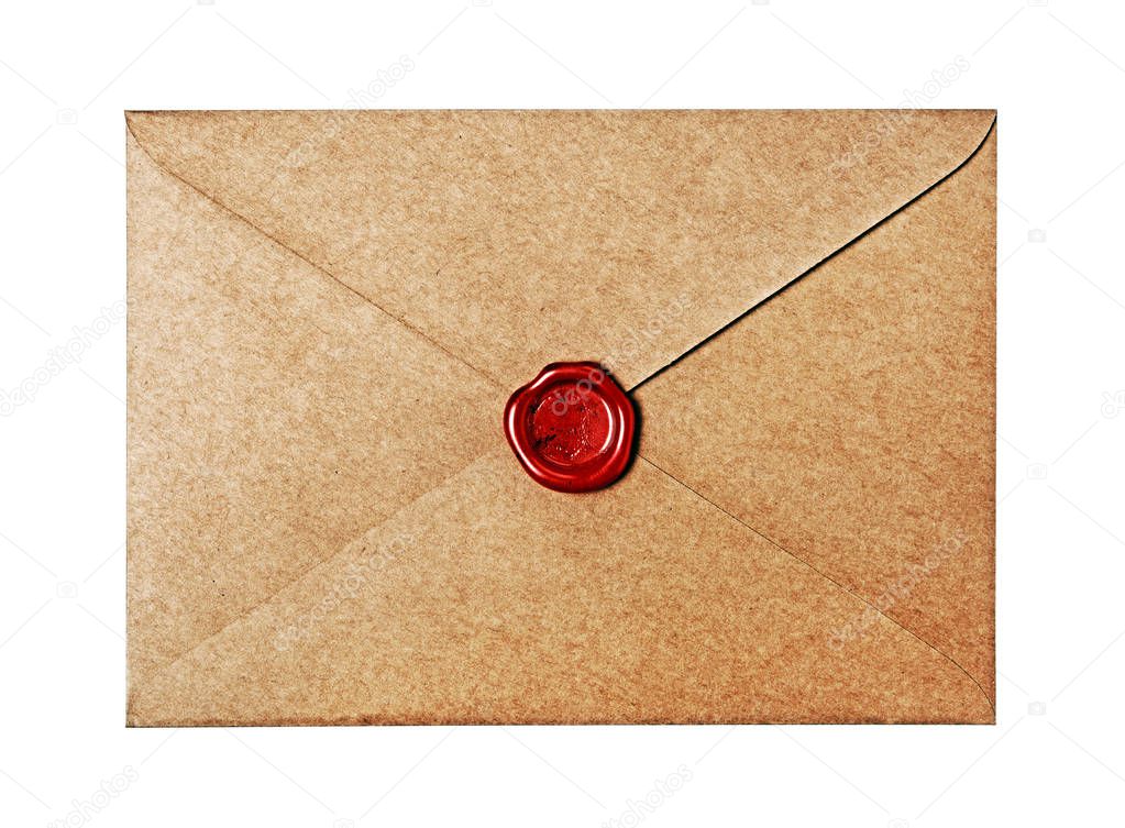 Vintage craft envelope with red wax seal stamp for correspondence