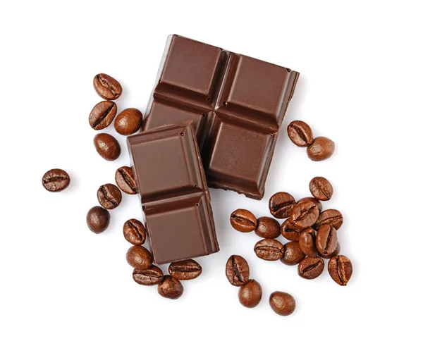 Close-up pieces of dark chocolate bar with coffee flavor and beans — Stock Photo, Image