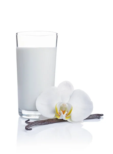 Palitos Vainilla Con Una Flor Vaso Leche Como Ingrediente Para — Foto de Stock