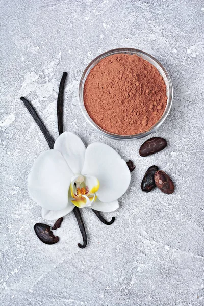 Vanilla Pods Flower Cacao Powder Beans Ingredient Baking Gray Concrete — Stock Photo, Image