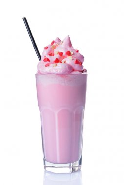 Krem şanti, sprinkles ve cam siyah saman ile deli pembe milkshake