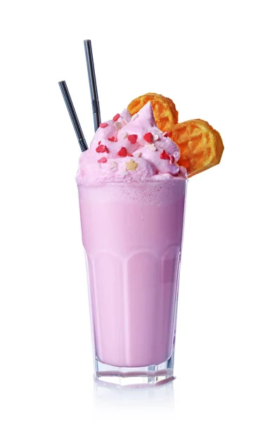 Crazy pink milk shake with whipped cream, sprinkles, waffle and black straws in glass — Stock Photo, Image