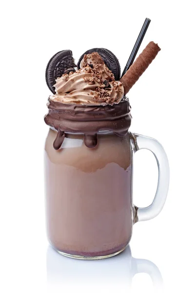 Crazy Milk Shake Chocolat Avec Crème Fouettée Paille Noire Dans — Photo