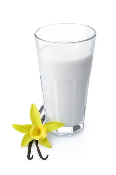 Vainas Vainilla Con Una Flor Vaso Leche Como Ingrediente Para — Foto de Stock