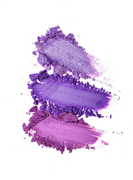 Smear of crushed purple eye shadow as sample of cosmetic product isolated on white background