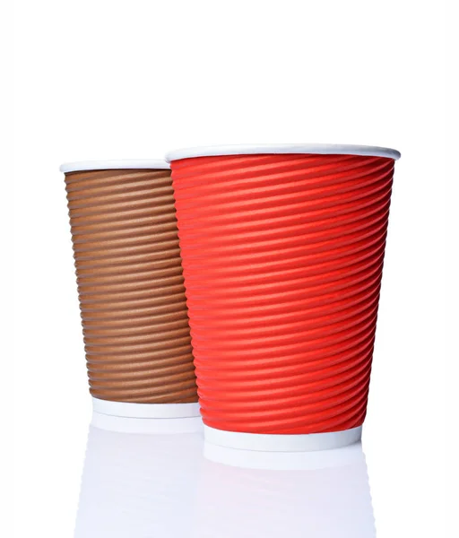 Emporter Blanc Artisanat Papier Café Brun Rouge Tasses Isolées Sur — Photo