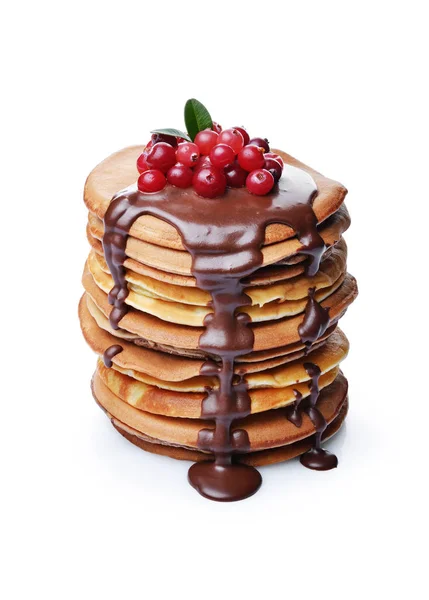 Leckeres Frühstück Hausgemachte Pfannkuchen Mit Frischen Preiselbeeren Und Geschmolzener Schokolade — Stockfoto