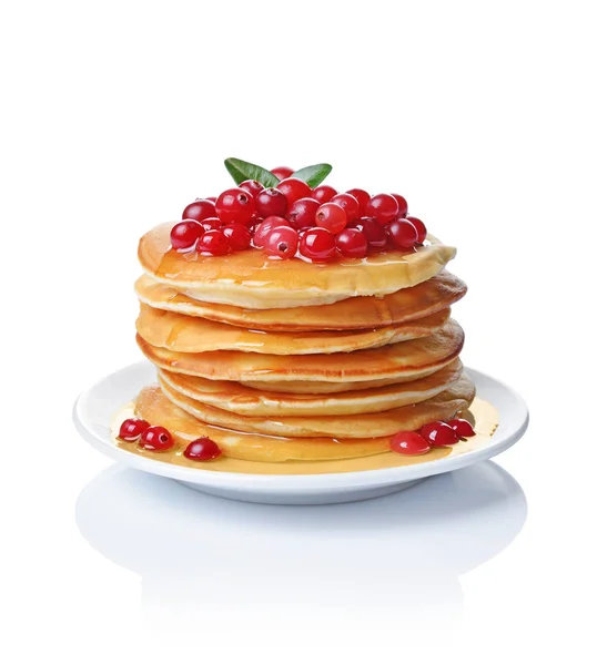 Tasty Breakfast Homemade Pancakes Fresh Cranberry Honey Maple Syrup Isolated — Stock Photo, Image