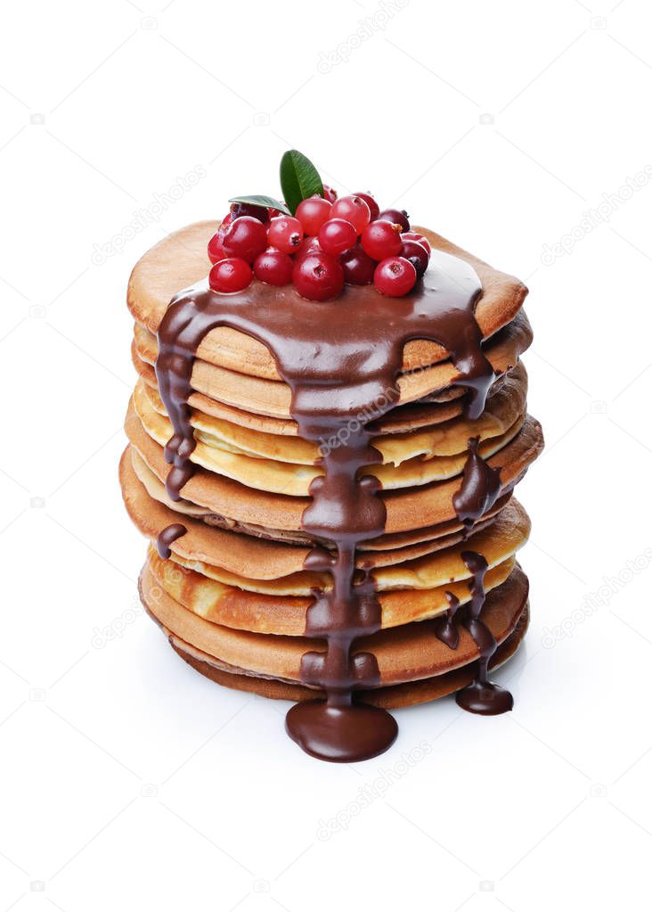 Tasty breakfast. Homemade pancakes with fresh cranberry and melted chocolate isolated on white background