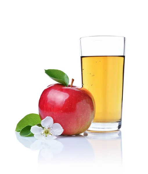 Glass of fresh organic juice and red apple with leaves and spring flower — Stock Photo, Image