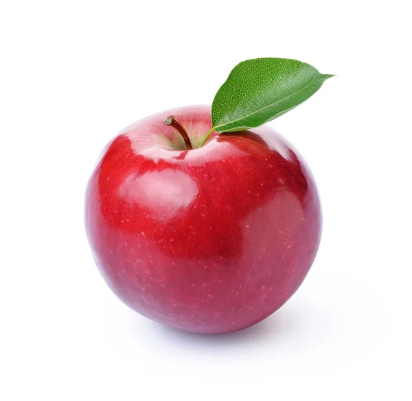 Perfecte verse rijpe rode appel met groen blad — Stockfoto