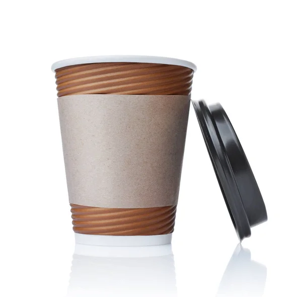 Emporter Tasse Café Blanche Papier Brun Avec Couvercle Noir Porte — Photo