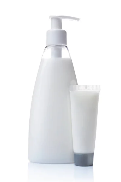 Botella Dispensadora Plástico Blanco Tubo Productos Cosméticos Aislados Sobre Fondo — Foto de Stock