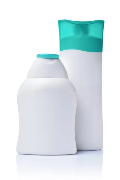Garrafas Plásticas Maquilhagem Branca Branco Produtos Cosméticos Com Tampas Turquesa — Fotografia de Stock